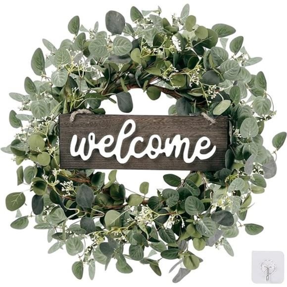 Green Eucalyptus Leaf Wreath with Welcome Sign 20in Artificial Eucalyptus Wreath - Picture 7 of 7